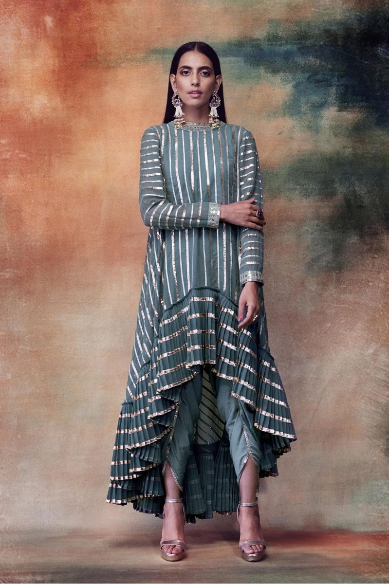 MUD GREEN HIGH LOW KURTA & DHOTI SET