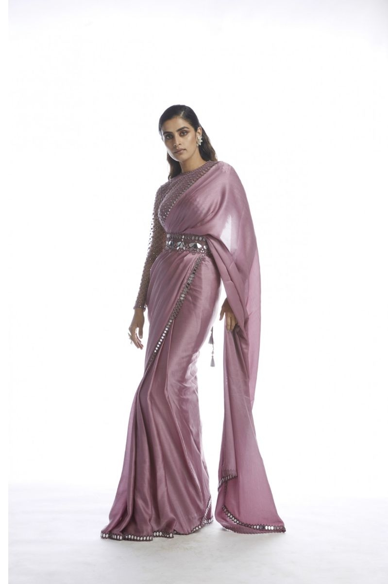 OLD ROSE SATIN CHIFFON SAREE WITH BELT