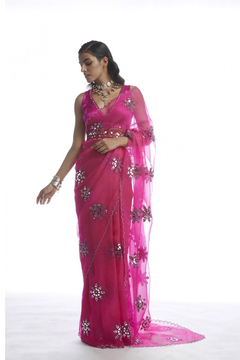 PEACOCK PINK MIRROR CUT-WORK SAREE