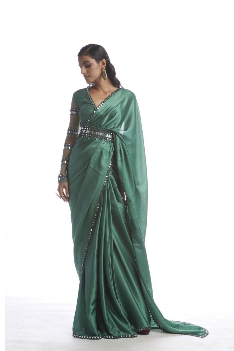 SAGE GREEN SATIN CHIFFON SAREE