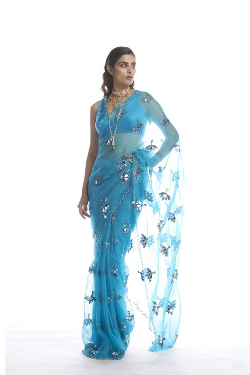 TURQUOISE BLUE MIRROR CUT WORK SAREE