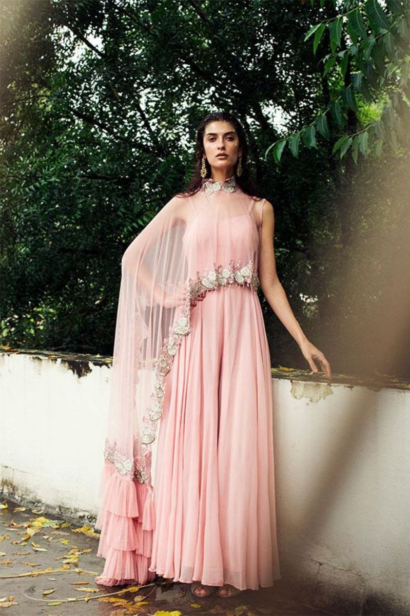 TEA PINK JUMPSUIT WITH RUFFLED CAPE