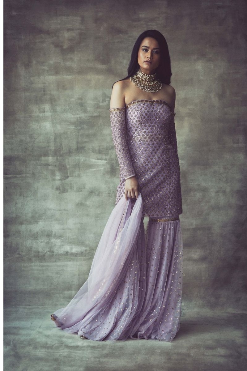 LAVENDER OFF SHOULDER KURTA SHARARA SET