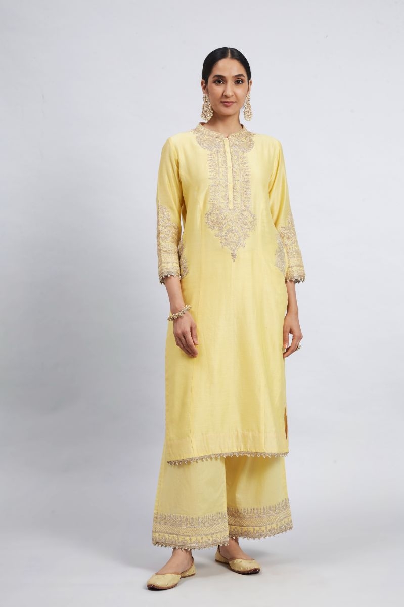YELLOW CHANDERI PALAZZO KURTA SET